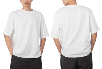 Young man in blank oversize t-shirt mockup front and back used as design template, isolated on white background with clipping path.