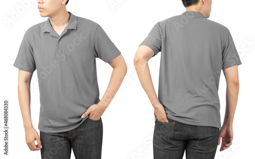 Young man in blank Polo t-shirt mockup front and back used as design template, isolated on white background with clipping path.