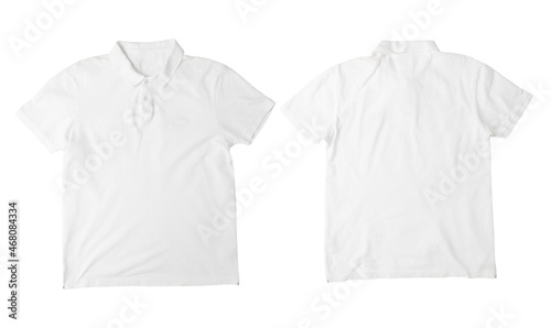 Blank white polo t-shirt mockup front and back isolated on white background with clipping path.