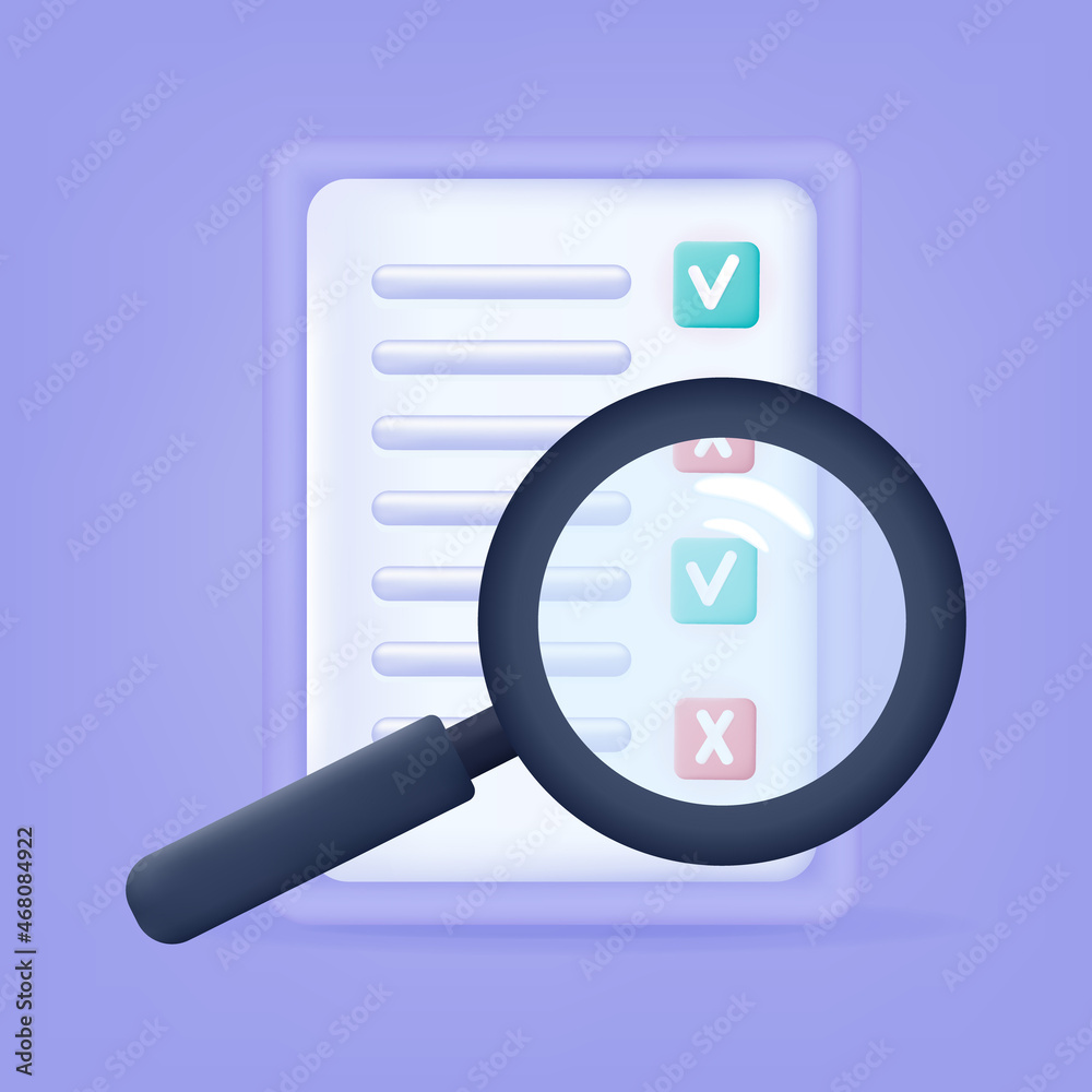 3d checklist. A document with the result of research or verification checklist. Research and survey of answers on paper report with magnifying glass. Successful marketing analysis of project. Vector 3d checklist. A document with the result of research or verification checklist. Research and survey of answers on paper report with magnifying glass. Successful marketing analysis of project. Vector