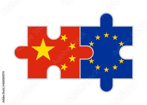 puzzle pieces of china and european union flags. vector illustration isolated on white background
