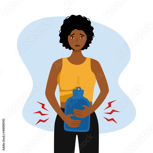 African woman having period pain concept vector illustration. Menstrual cramps. Black female relief pain with hot water bag.