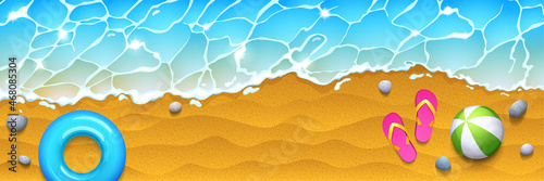 Sea beach top view, coastline with slippers, ball and inflatable ring on sand with blue foamy wave splashing. Summer vacation, holidays on ocean shore with clean water surface, 3d vector background