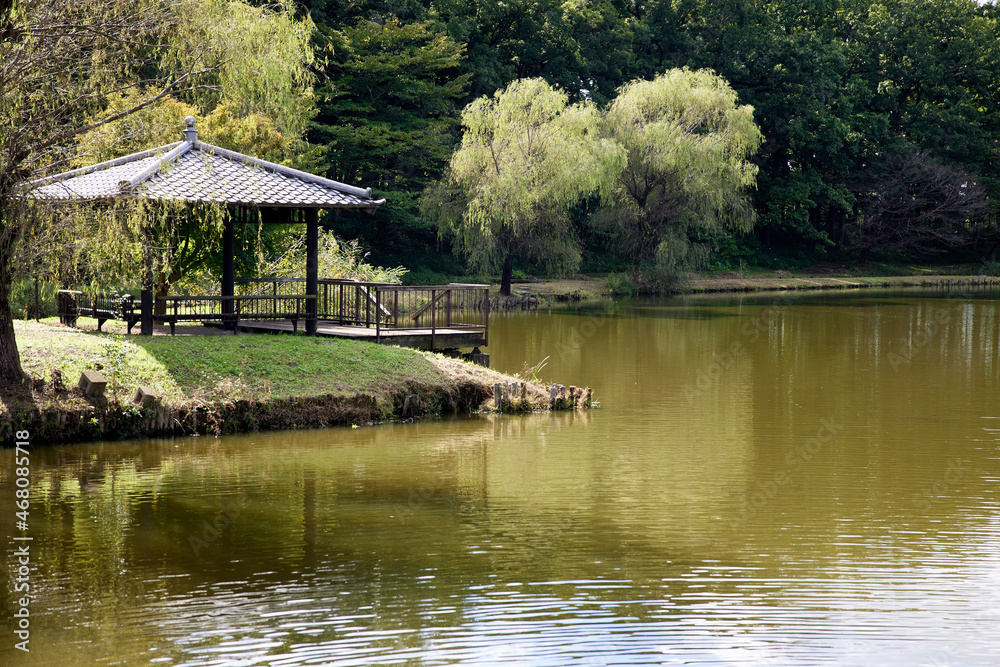 日本の東屋（休憩スペース）と池