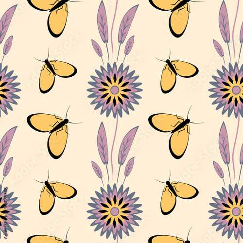 Seamless pattern, endless texture - stylized flowers and moths. Wallpapers, textiles, packaging