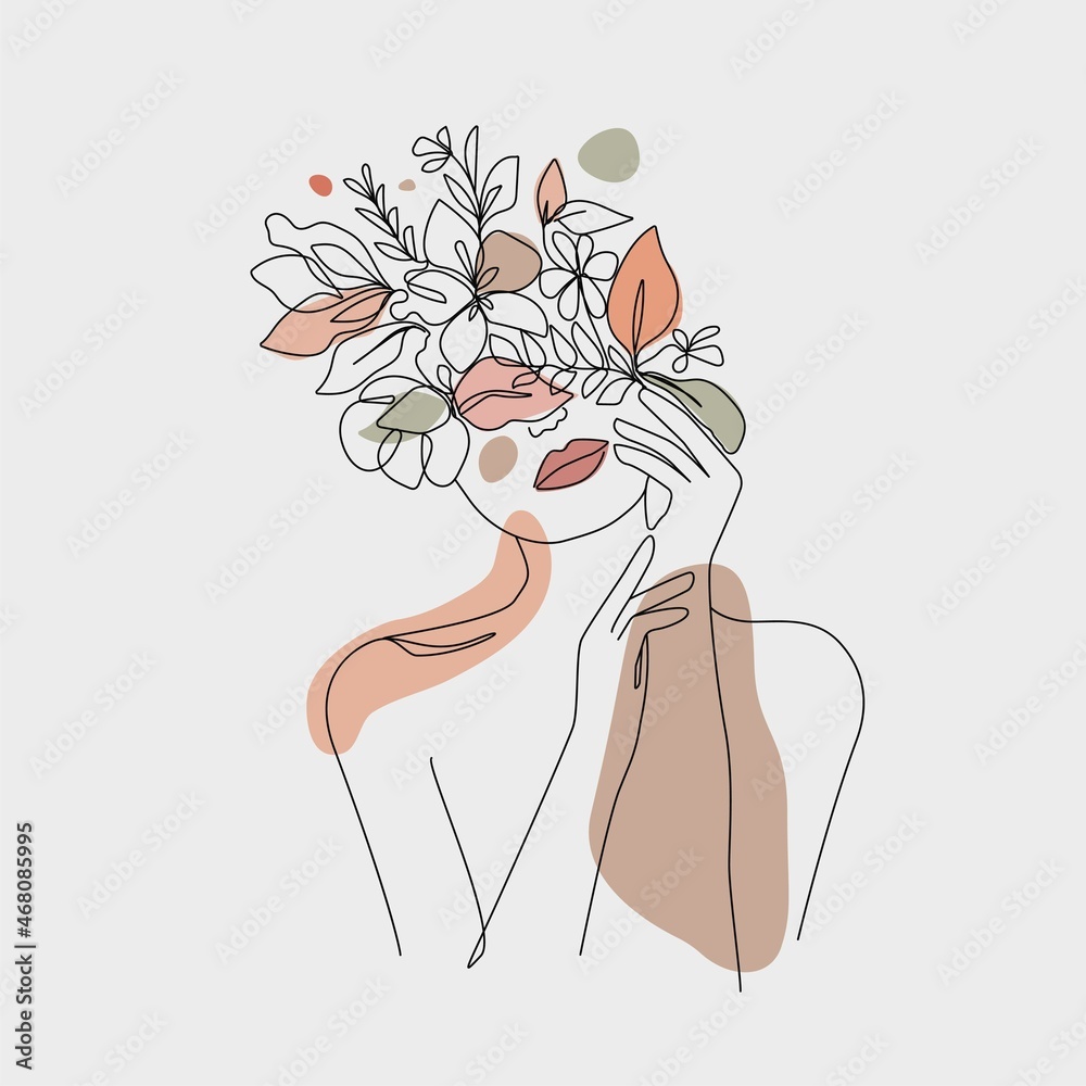 Woman Face with Flowers Line Art Drawing. Abstract Female Head One Line