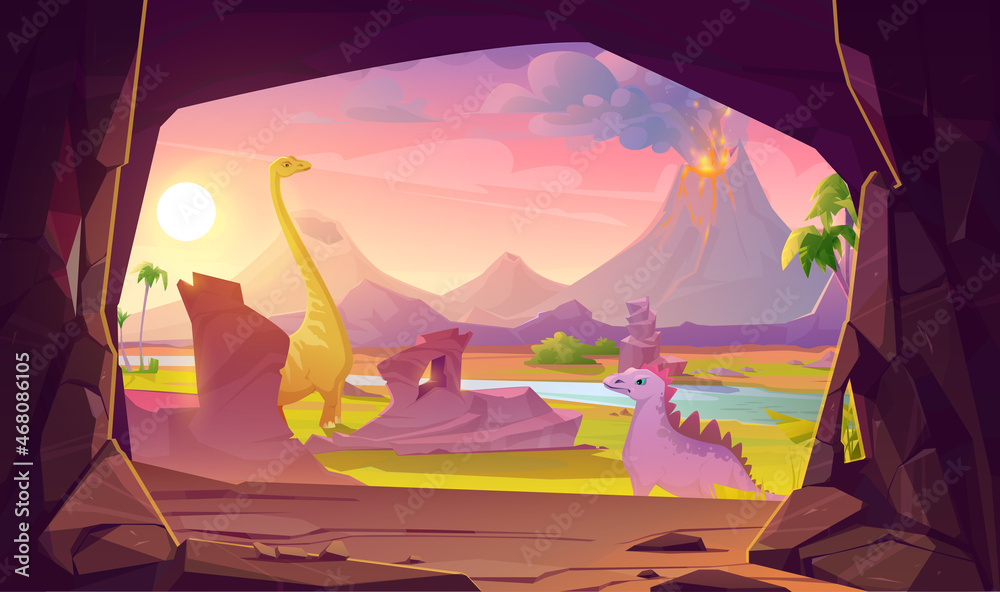 Prehistoric scene with stone cave entrance and summer landscape with dinosaurs and volcano eruption outside. Vector cartoon land with mountains with smoke and magma and ancient reptiles - obrazy, fototapety, plakaty 