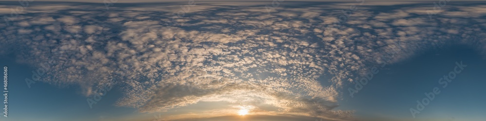 Fototapeta premium Dark blue sunset sky pano with Cirrus clouds. Seamless hdr panorama in spherical equirectangular format. Complete zenith for 3D visualization, game and sky replacement for aerial drone 360 panoramas.