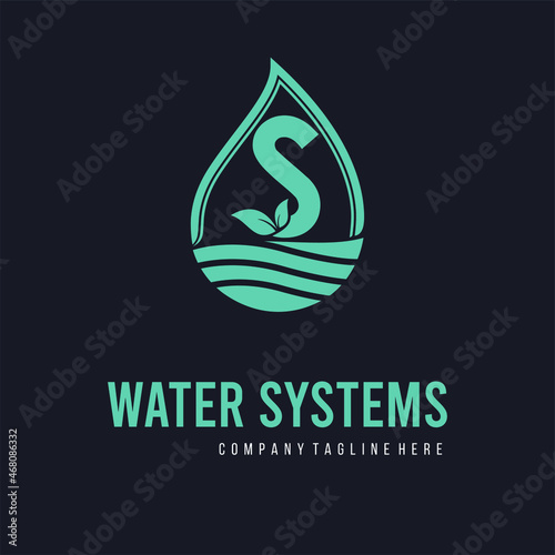 Initial S Letter  with water drop and leaf for water drainage, sanitation, purified, repair, cleanup, maintenance water system service company logo vector idea