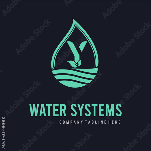 Initial Y Letter  with water drop and leaf for water drainage, sanitation, purified, repair, cleanup, maintenance water system service company logo vector idea