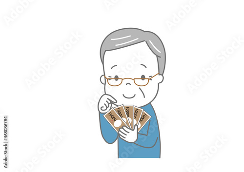 手に持ったお札を数える高齢男性　おじいさん