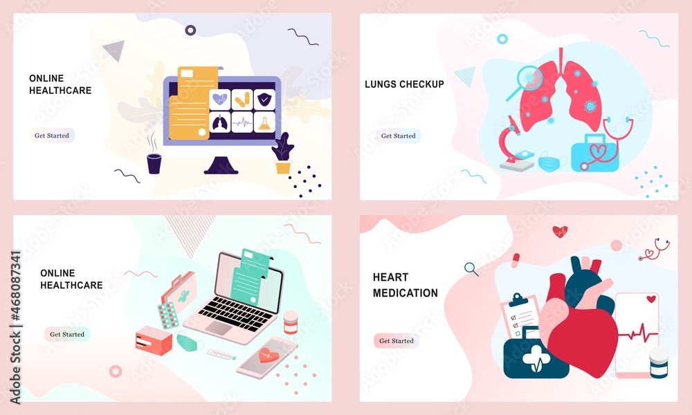 Set of landing page templates for online healthcare, heart medication, lungs checkup, online medical consultation, pharmacy. Doctor, clinic, therapist for website, UI, mobile application, banners.