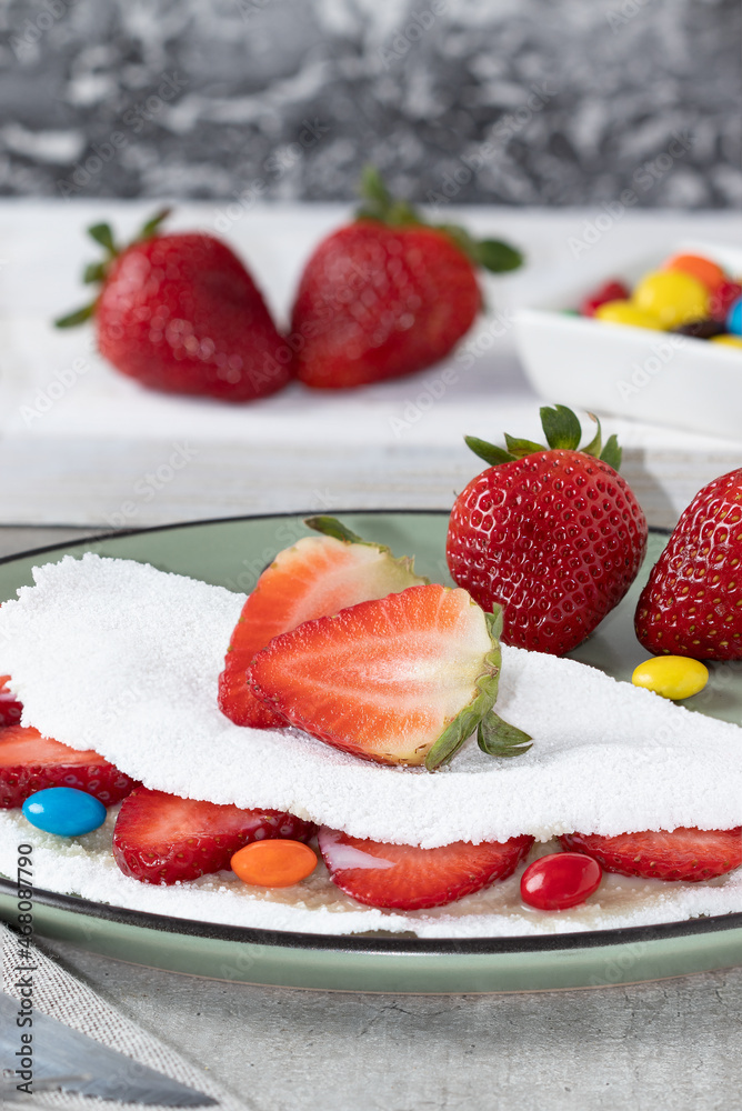 Sweet tapioca of condensed milk and strawberry, selective focus. Sweet tapioca of condensed milk and strawberry, selective focus.
