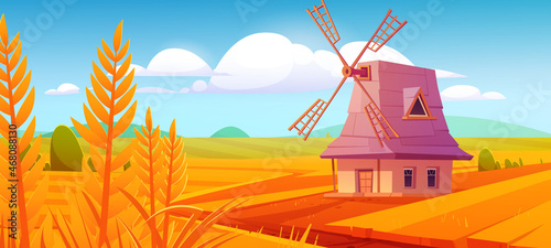 Windmill on farm nature rural background with plowed field and wheat. Vintage wind mill under blue cloudy sky. Countryside farmland tranquil summer time or fall landscape. Cartoon vector illustration