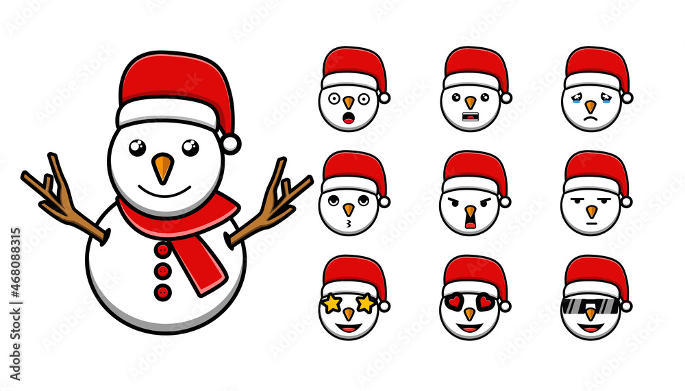 snowman wearing christmas hat cartoon set