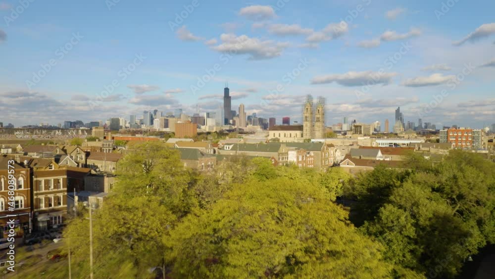 Drone Flying Away from Pilsen Neighborhood on Beautiful Fall Afternoon in Chicago, Illinois Drone Flying Away from Pilsen Neighborhood on Beautiful Fall Afternoon in Chicago, Illinois