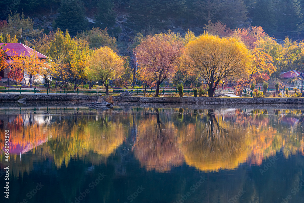 autumn trees reflection in calm water of lake, beautiful autumn landscape with fall colours trees and  reflection in still water 