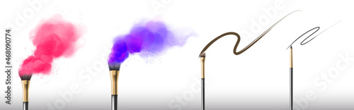 Makeup brushes with swatches of eyeshadow and liner. Vector realistic set of 3d professional cosmetic tools with pink and purple powder splashes and black brush strokes
