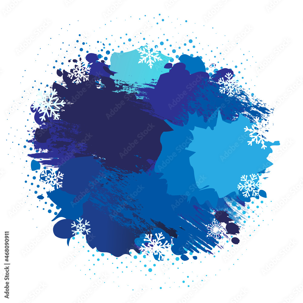 Winter snowflake brush and ink grunge blue background. Happy new year with snow and azure color ink blots. Christmas backdrop with vector colorful watercolor