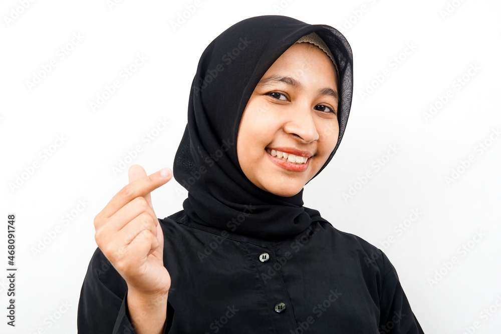 Closeup of beautiful young Muslim woman with korean style love hands, i love you, isolated