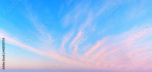 Pink сirrus clouds blue sky panoramic background, cirrostratus cloud texture, purple evening sunset, red dawn heaven, morning sunrise cloudscape, striped fluffy wispy cloudy skies, cloudiness panorama photo