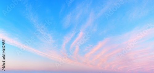 Obraz na plátne Pink сirrus clouds blue sky panoramic background, cirrostratus cloud texture, pu