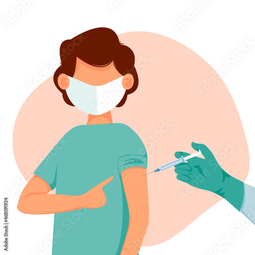 Child pointing his finger at the vaccinated hand. The concept of health, the spread of the vaccine, healthcare, call of fight against coronavirus. Colorful vector illustration in flat style.