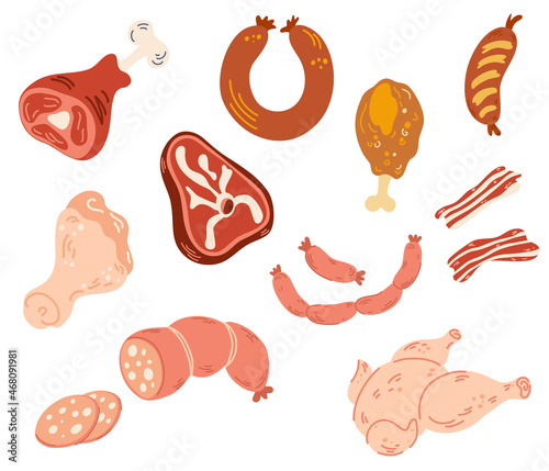 Meat products set. Fresh meat and sausage, salami and chicken, raw sliced pork tenderloin and cooked ham, steak. For barbeque meal and gourmet shopping. Hand draw Vector illustration.