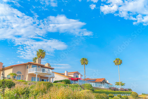 Large residential houses and palm trees on top of a hill at Southern California