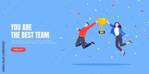 Happy business employee team winners award ceremony flat style design vector illustration. Employee recognition and best worker competition award team celebrating victory winner business concept.