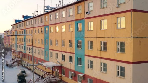 Footage of the small polar town of Bilibino in Chukotka, taken in winter at sunset on a quadcopter