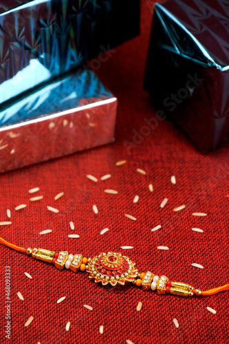 Indian festival: Raksha bandhan Raakhi with sweets gifts flowers and diya, Raksha Bandhan (Bond of protection and care), Indian festival of sisters and brothers.