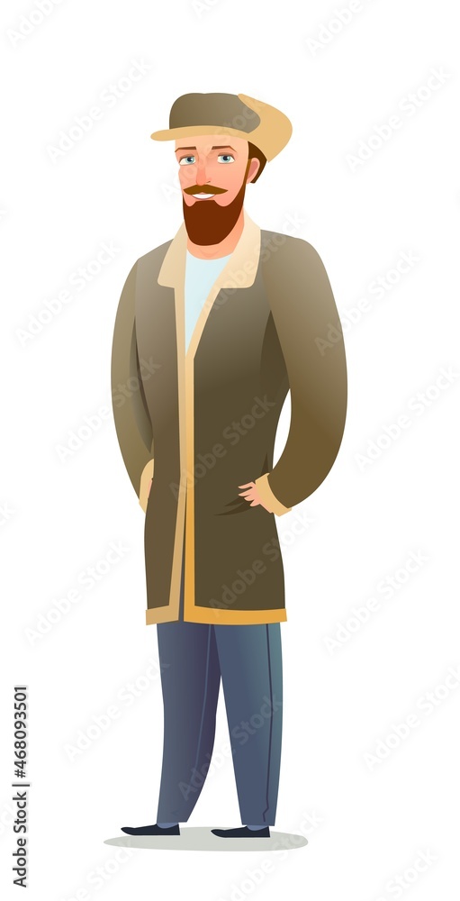 Man in winter clothes. Sheepskin coat and warm hat. Guy in winter. Cheerful person. Standing pose. Cartoon comic style flat design. Single character. Illustration isolated on white background. Vector