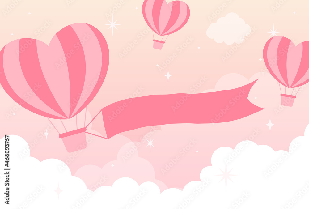 vector background with heart shaped hot-air balloons in the sky for Valentine’s day banners, cards, flyers, social media wallpapers, etc.