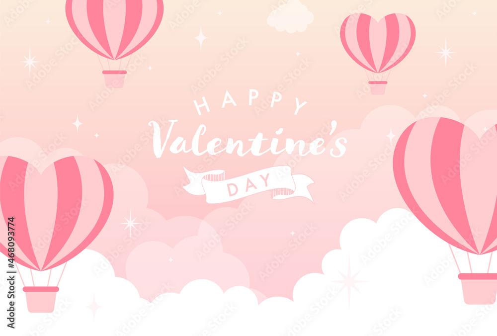 vector background with heart shaped hot-air balloons in the sky for Valentine’s day banners, cards, flyers, social media wallpapers, etc.