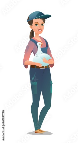 Woman villager farmer in overalls. Girl is an agricultural worker. Cheerful person. Standing pose. Cartoon comic style flat design. Single character. Illustration isolated on white background. Vector