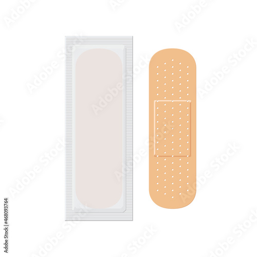 A medical вandage. The band aids is in a white paper package and without it. First aid. Vector illustration isolated on a white background for design and web.