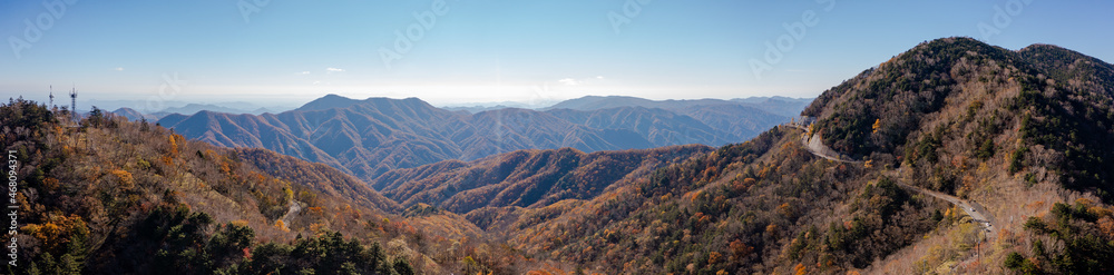 紅葉の山のパノラマ空撮