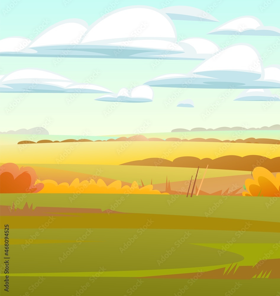 Beautiful autumn rural landscape. Rustic wildlife. Village is pasture and vegetable garden. Area is glade in foreground. Harvest time of year. Yellow and orange scene. Vector