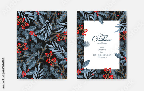 Set of Merry Christmas greeting cards, vertical banners, flyers, invitations. Happy New Year, Happy Holidays cards with christmas florals and winter objects