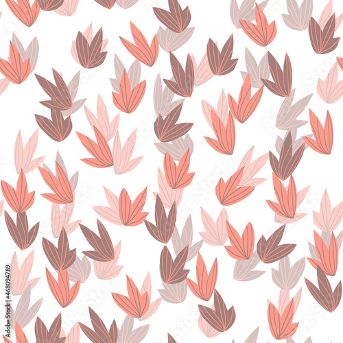 Floral seamless with hand drawn color exotic leaves. Cute autumn background. Tropic pink branches. Modern floral compositions. Fashion vector illustration for wallpaper, fabric, textile