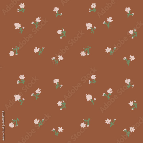 seamless pattern with small white flowers on a brown background, hand-drawn illustration,