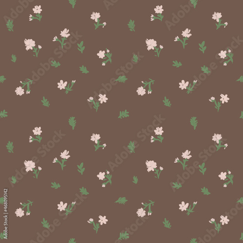 seamless pattern pink small white flowers on a brown background, hand-drawn illustration,