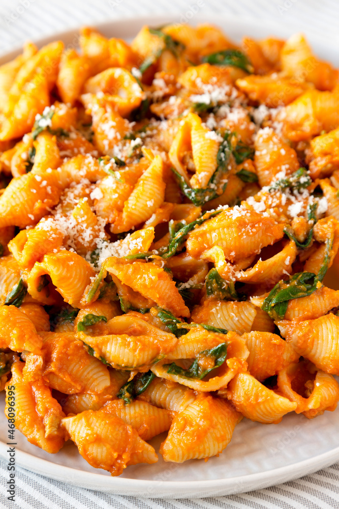 Homemade Pumpkin Pasta with Walnuts and Spinach, low angle view. Close-up. Homemade Pumpkin Pasta with Walnuts and Spinach, low angle view. Close-up.