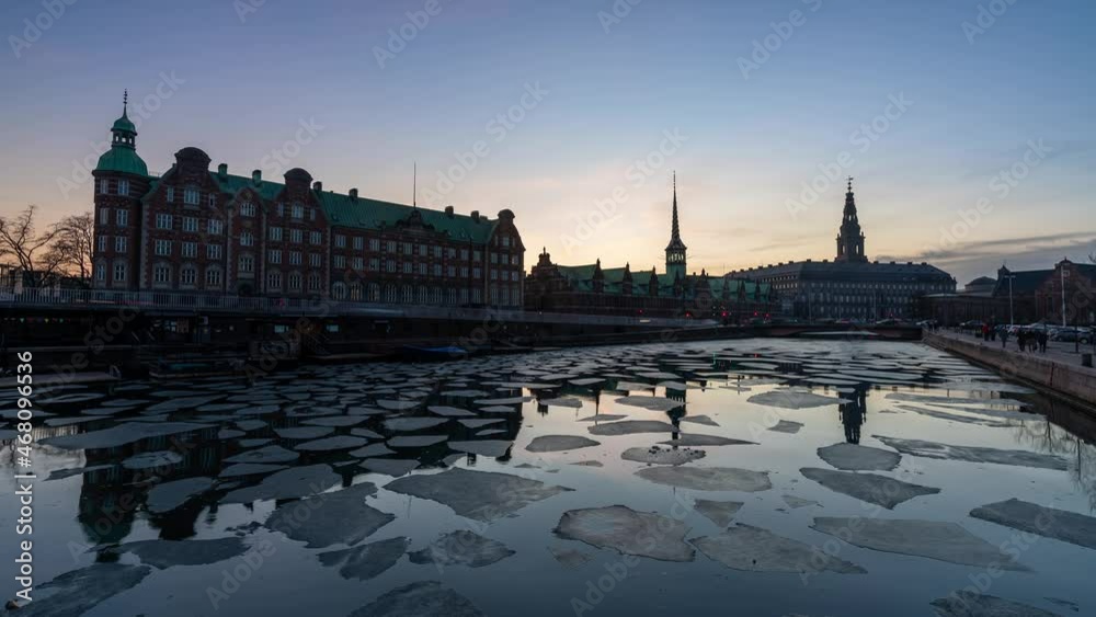 Copenhagen Stock exchange and Christiansborg Castle in Copenhagen during the light festival
