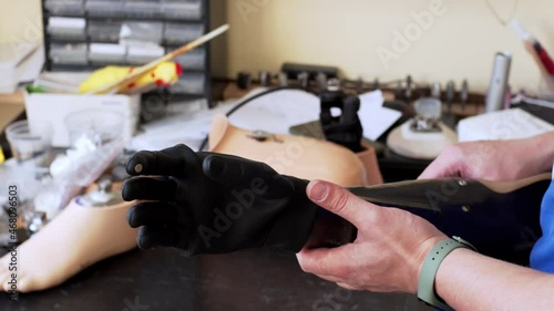 A medical prothetics techinican demonstrates a modern artifical bionic arm prothesis in the laboratory. An artificial hand moves black fingers photo