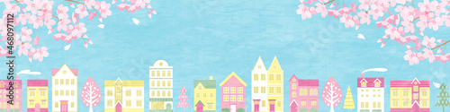 春の桜と街並みのベクターイラスト背景