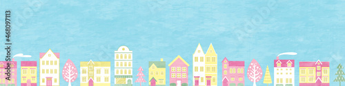 春の桜と街並みのベクターイラスト背景