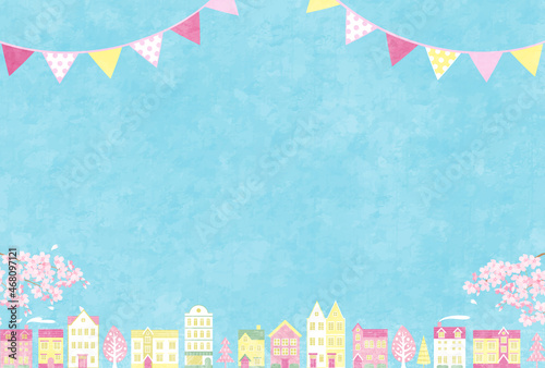 春の桜と街並みのベクターイラスト背景