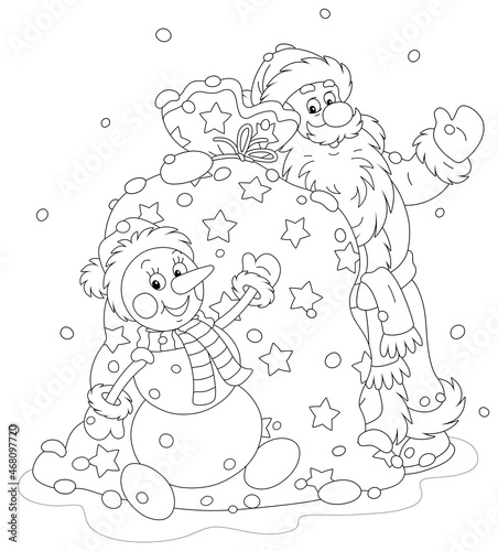 Santa Claus and a funny snowman with a large bag of winter holiday gifts for kids, black and white outline vector cartoon illustration for a coloring book page